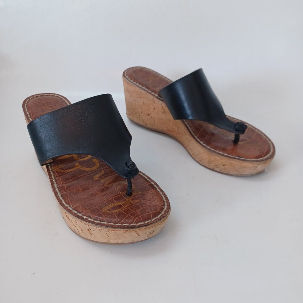 Sam Edelman Cork Wedge Sandals Black Leather Roy 3D Platform Shoes Womens 8.5 - Picture 8 of 15